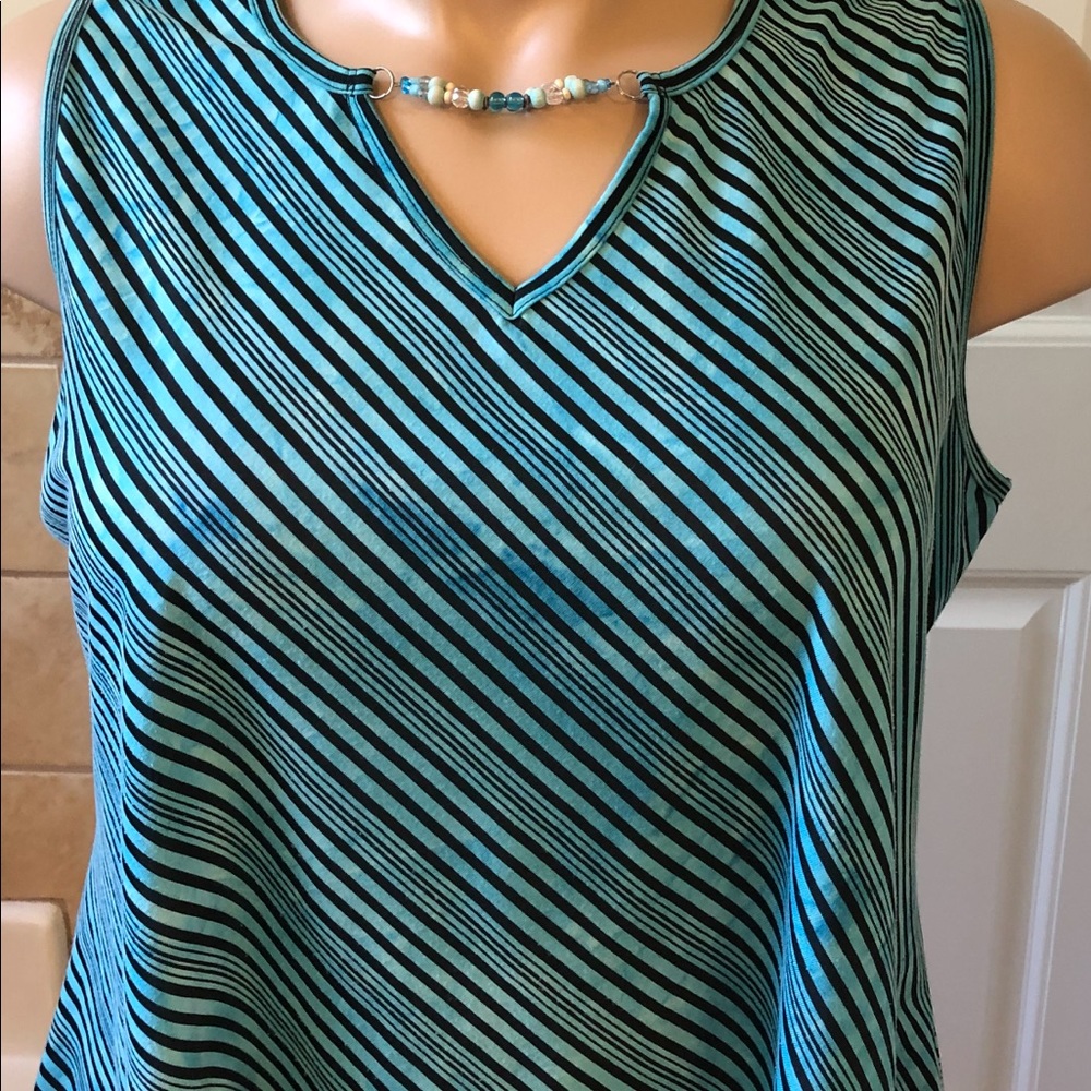 Teal and black sleeveless top w/ jeweled neckline